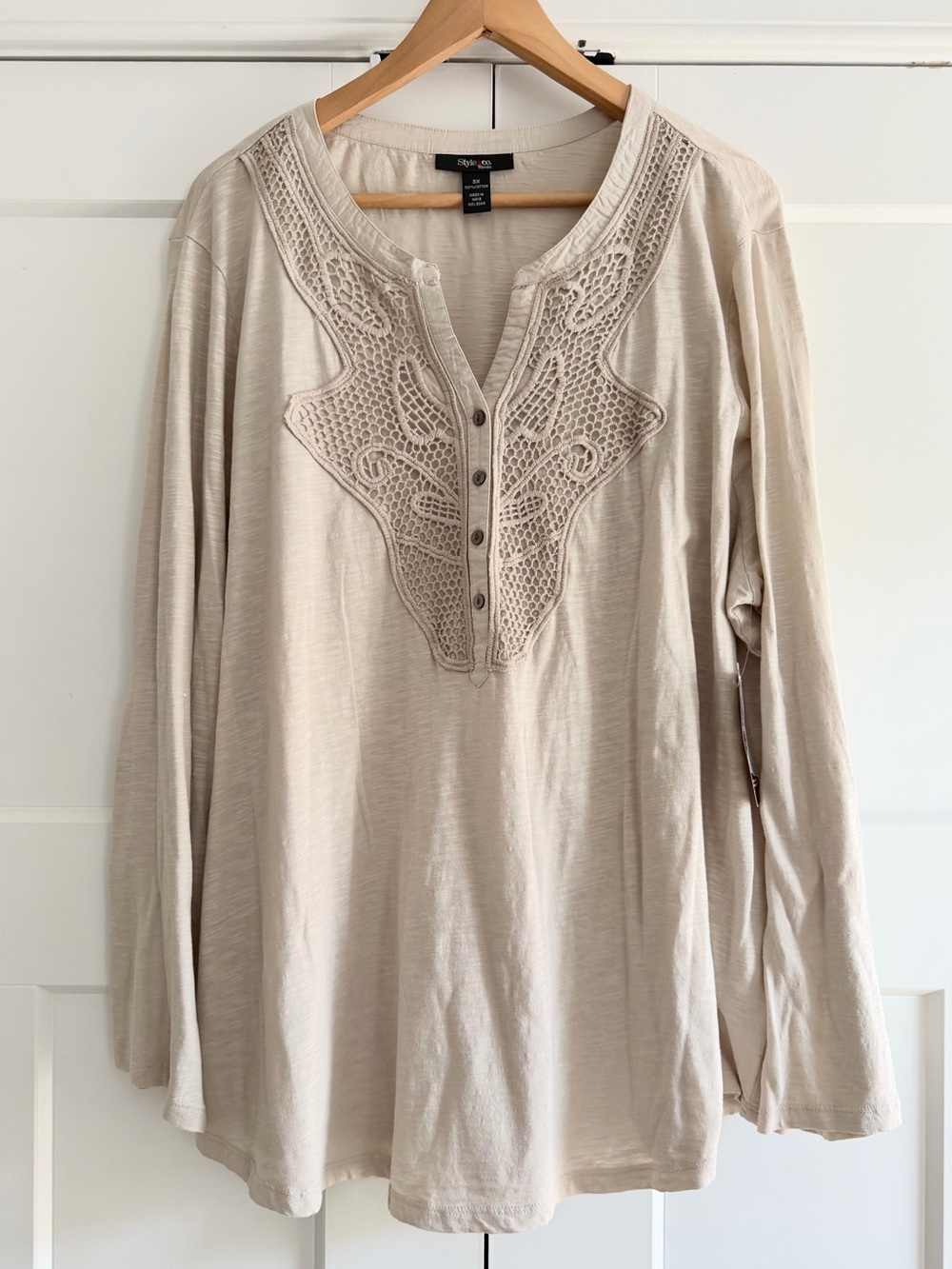 Style & Co. Woman Crochet Lace Henley Top Light Beige Stonewall 3X NWT
